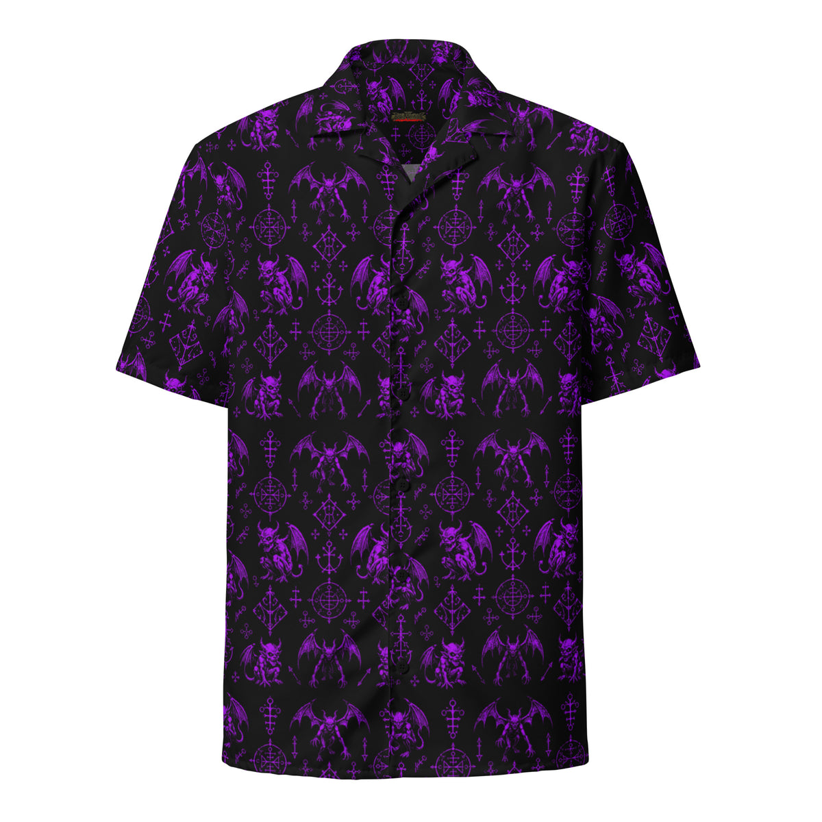 The Fifth Circle Purple button-up shirt featuring winged demons and occult ritual symbols inspired by demonology and infernal mythology.