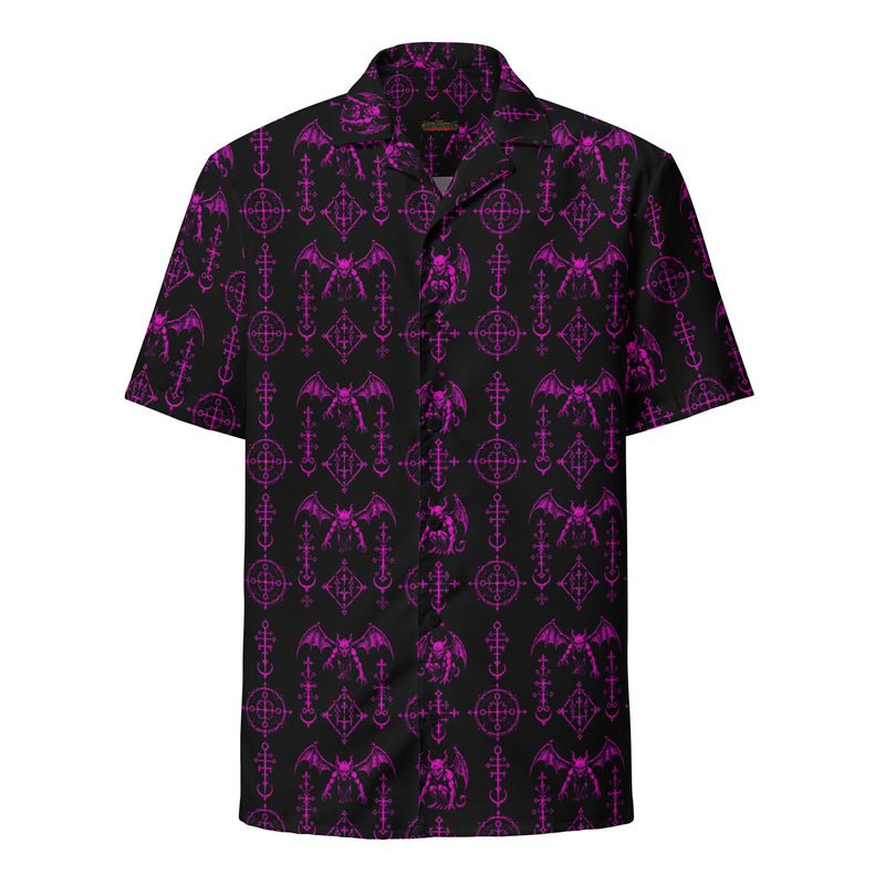 The Sixth Circle Pink button-up shirt featuring winged demons and occult ritual symbols inspired by demonology and infernal mythology.