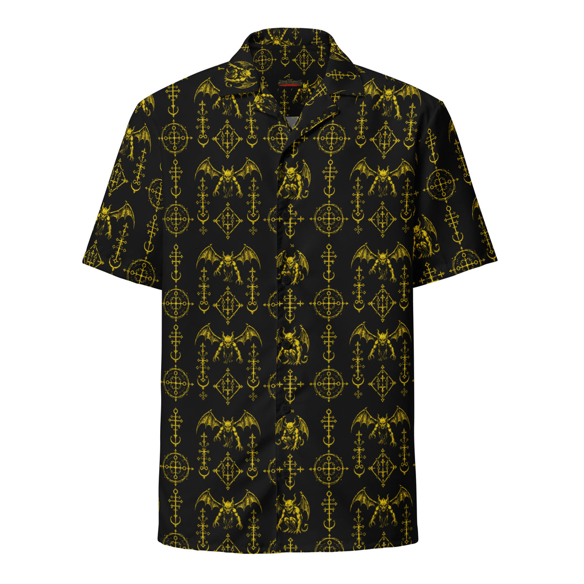The Sixth Circle Yellow button-up shirt featuring winged demons and occult ritual symbols inspired by demonology and infernal mythology.