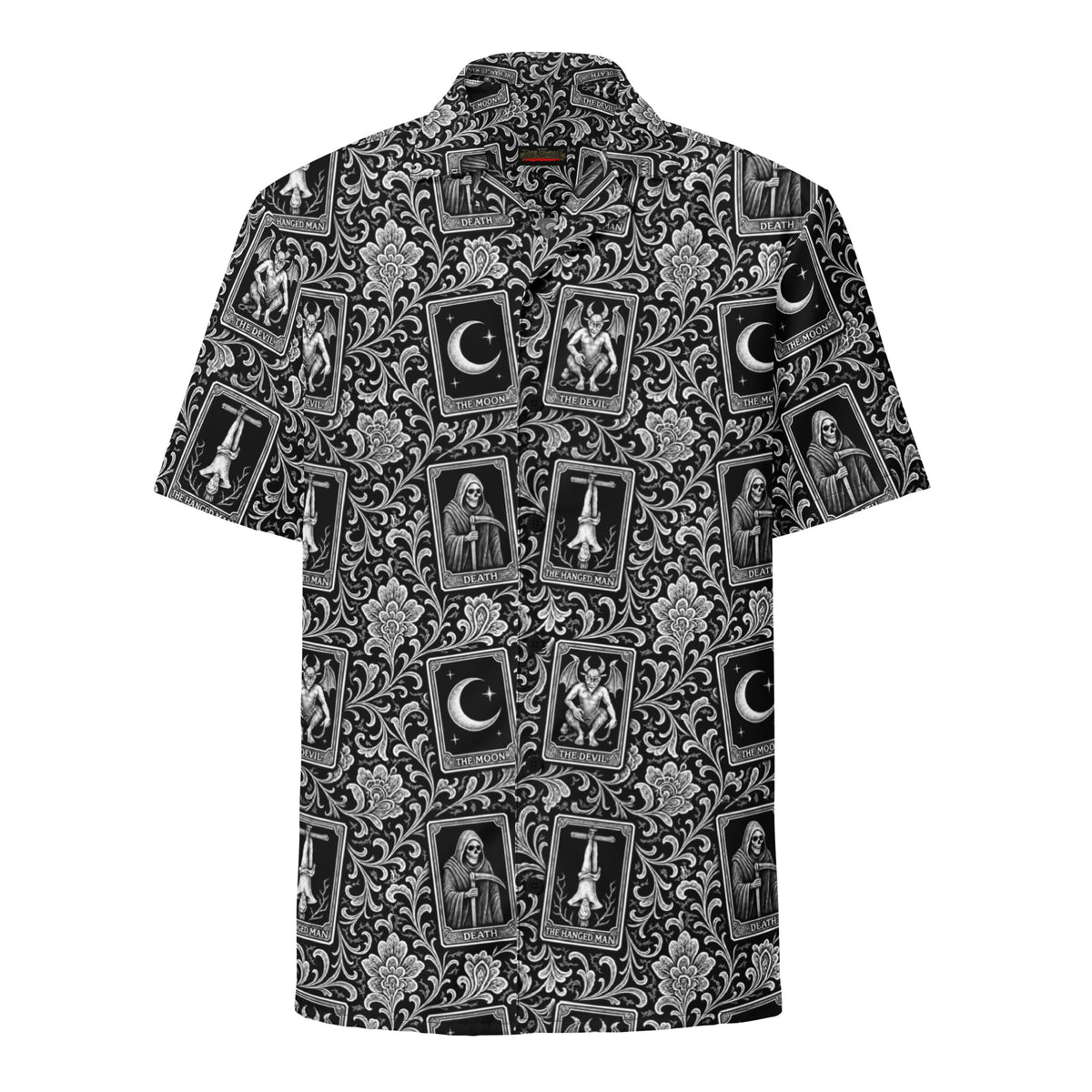 Death’s Fortune tarot horror button-up shirt featuring The Moon, The Devil, Death and The Hanged Man in an ornate black-and-white occult pattern.