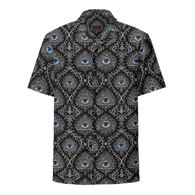 Second Sight psychic eye button-up shirt featuring electric-blue eyes, black-and-white mystical ornamentation and an all-over occult-inspired pattern.