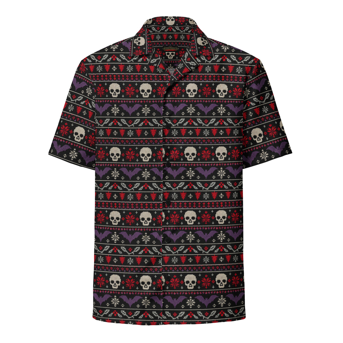 Merry Skull-Mas horror Christmas button-up shirt featuring faux-knit skulls, bats, snowflakes and festive red, purple and white patterns on black.