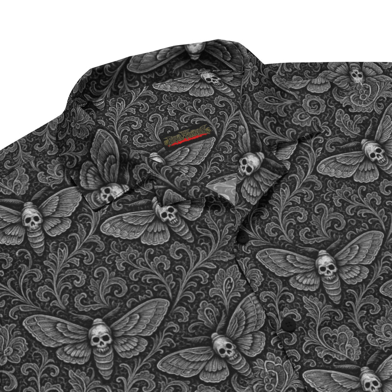 Soul's Messenger White Button-Up Shirt – Dark Resort Wear Horror Death's-Head Moth Shirt