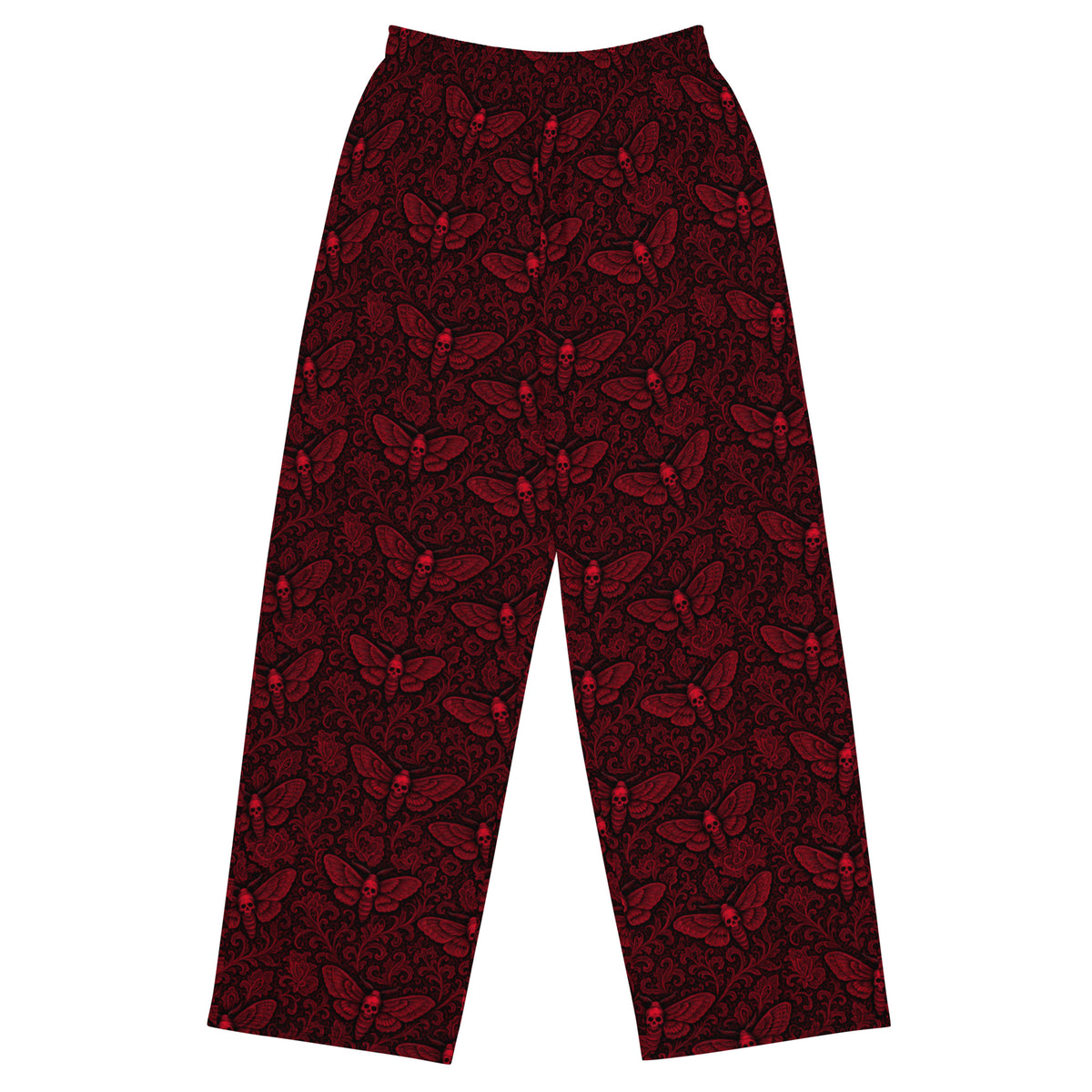Soul’s Messenger Red lounge pants featuring an all-over death moth horror pattern from the Memento Mori and Midnight Comfort collections.