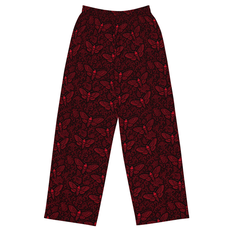 Soul’s Messenger Red lounge pants featuring an all-over death moth horror pattern from the Memento Mori and Midnight Comfort collections.