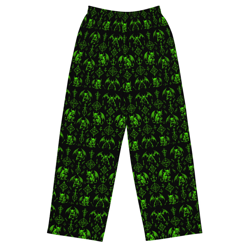 The Fifth Circle Green lounge pants featuring an all-over demon horror pattern from the Demonology and Midnight Comfort collections.