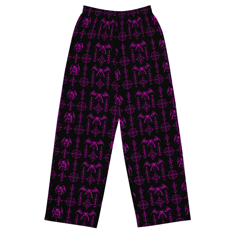 The Sixth Circle Pink lounge pants featuring an all-over demon and hellfire horror pattern from the Demonology and Midnight Comfort collections.