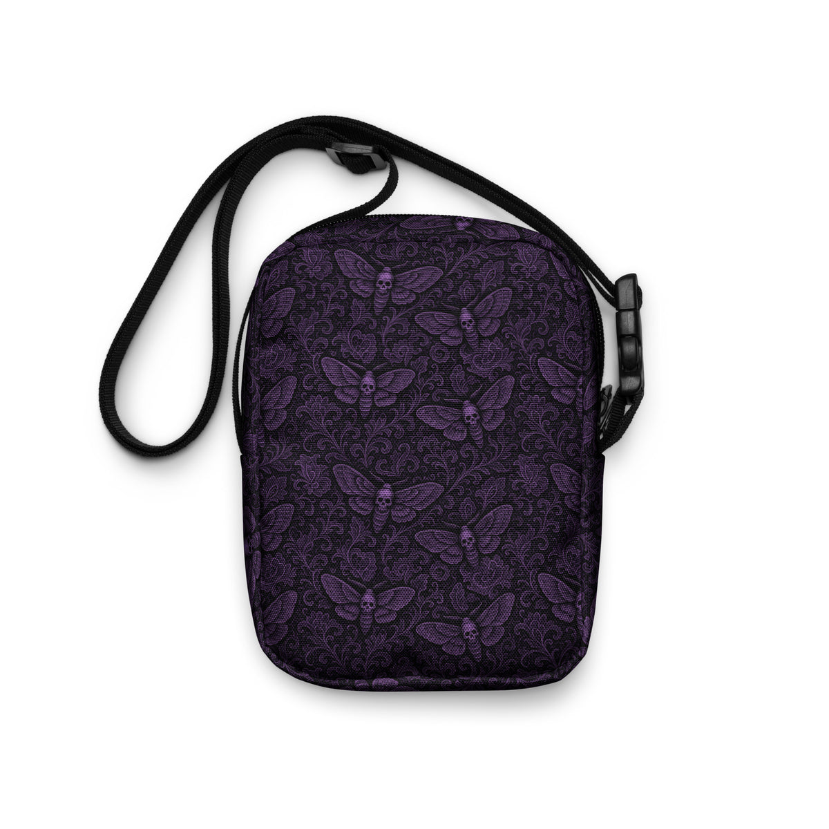 Soul’s Messenger Purple utility crossbody bag featuring supernatural death moth horror artwork from the Memento Mori collection.