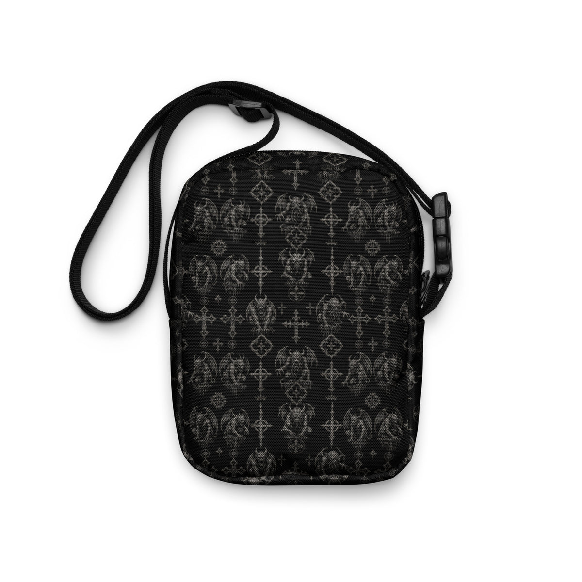 Wardens of Stone utility crossbody bag featuring gothic gargoyle horror artwork from the Demonology collection.