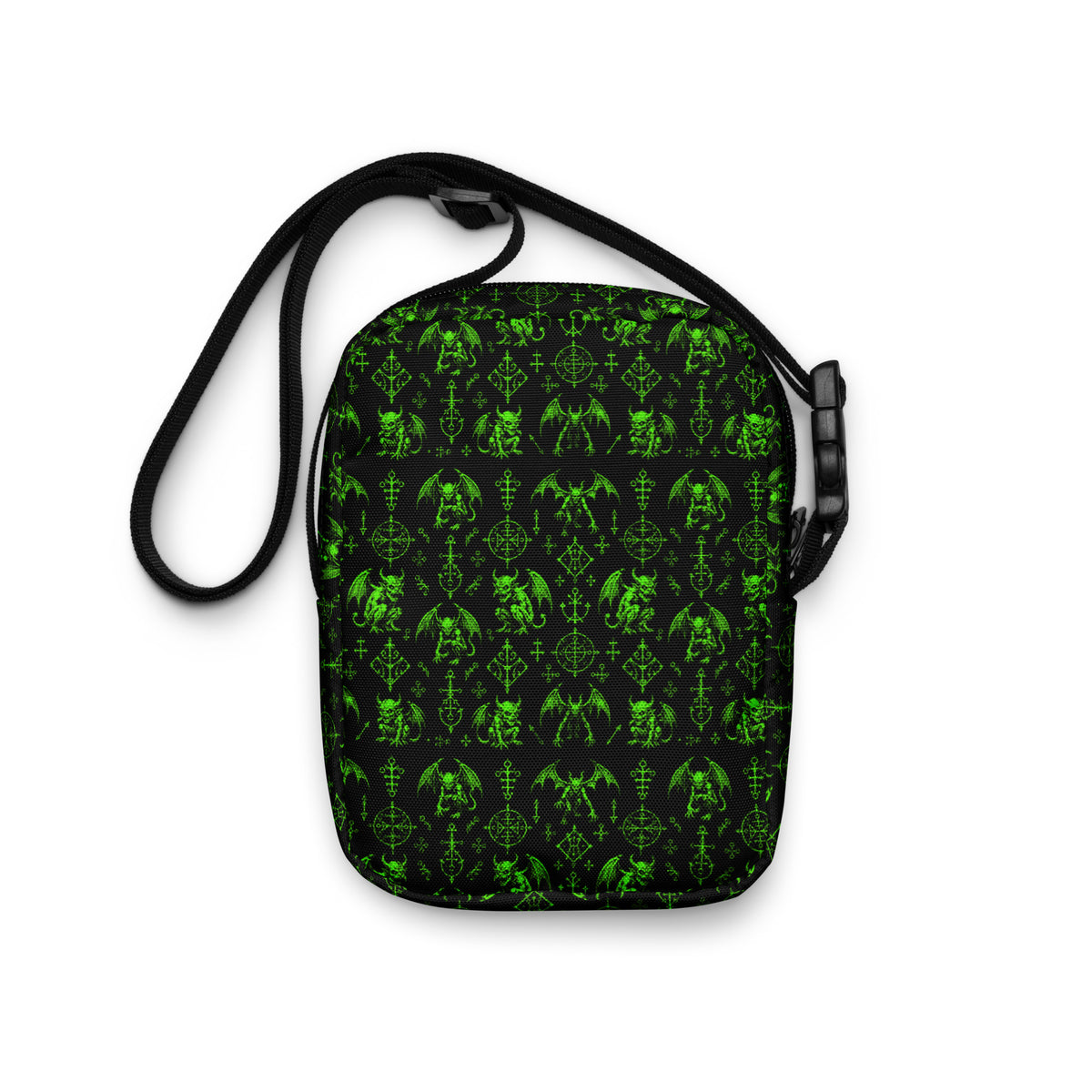 The Fifth Circle Green utility crossbody bag featuring corrupted demon horror artwork from the Demonology collection.