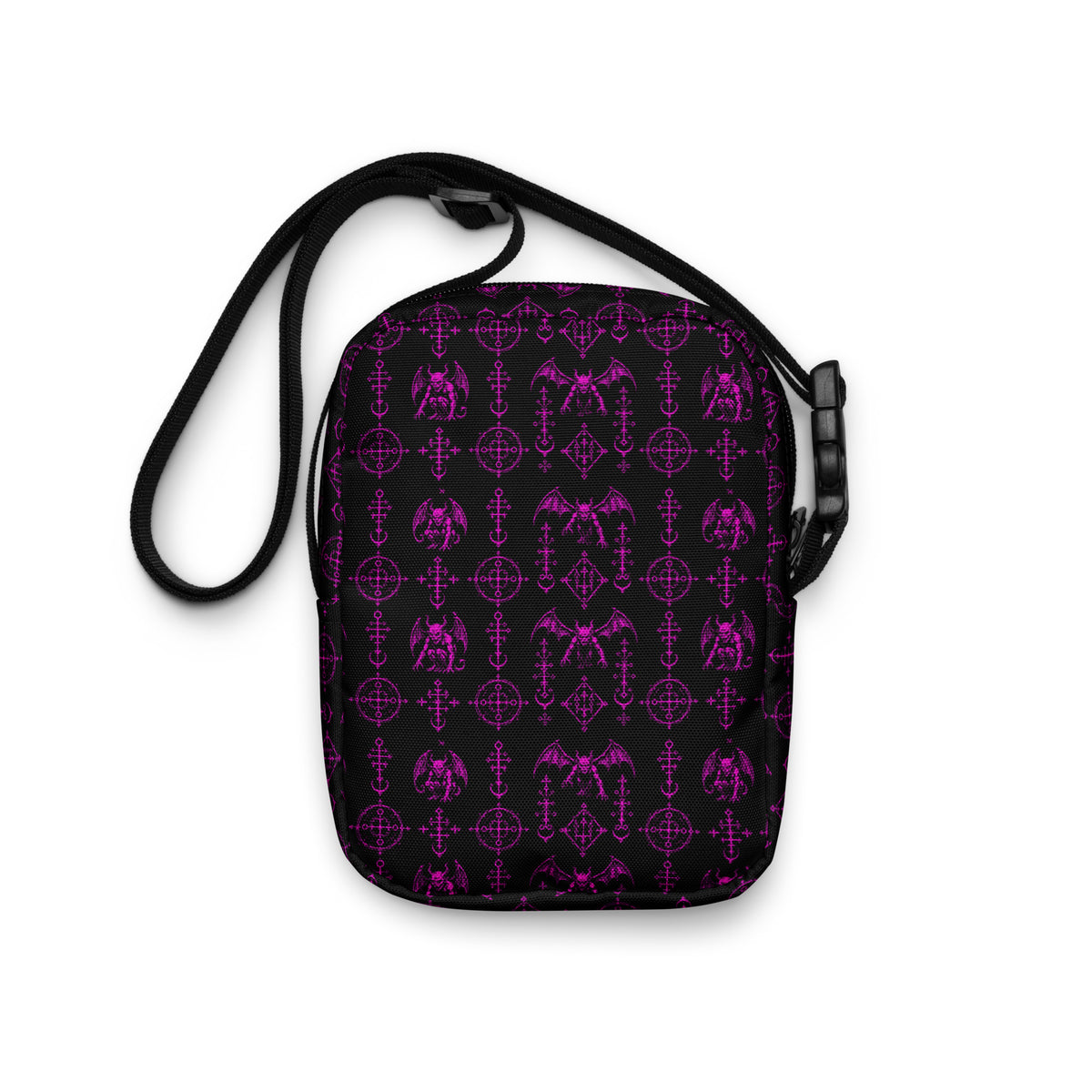 The Sixth Circle Pink utility crossbody bag featuring infernal demon horror artwork from the Demonology collection.