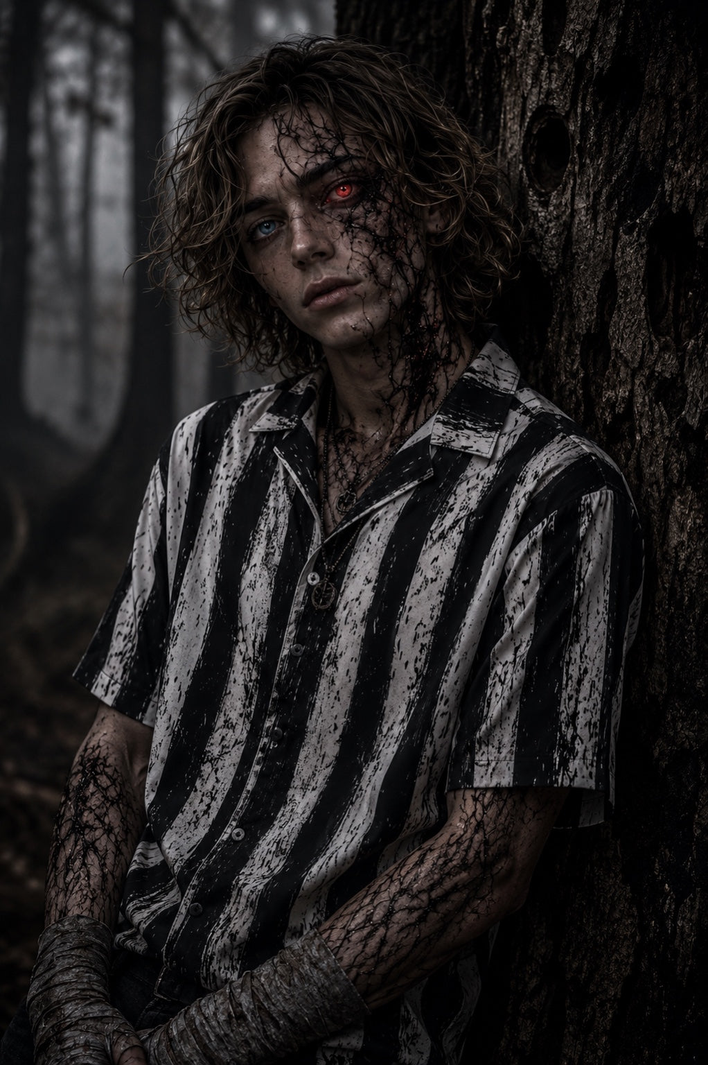 Black Parade Button-Up Shirt – Dark Resort Wear Horror Black & White Vertical Stripe Shirt