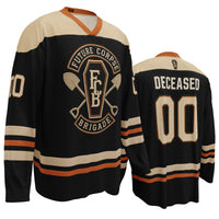 Future Corpse Brigade hockey jersey with DECEASED nameplate, number 00, coffin emblem, and vintage athletic styling.