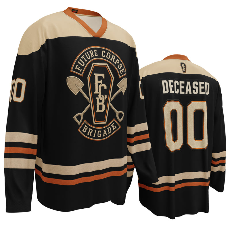 Future Corpse Brigade hockey jersey with DECEASED nameplate, number 00, coffin emblem, and vintage athletic styling.