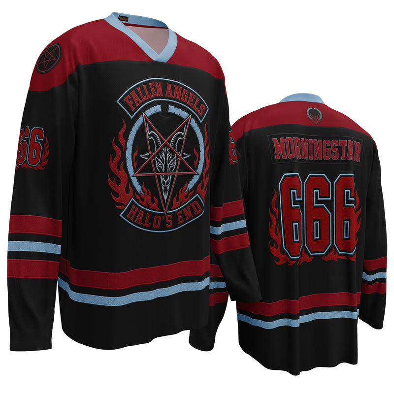 Fallen Angels: Halo's End hockey jersey front back with MORNINGSTAR nameplate, flaming 666 numbers, and occult-inspired artwork.