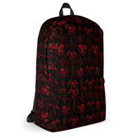 The Fifth Circle Red backpack featuring an all-over demon horror pattern from the Demonology collection.