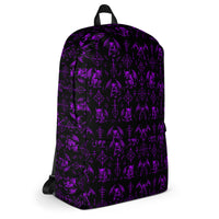 The Fifth Circle Purple backpack featuring an all-over demon horror pattern from the Demonology collection.