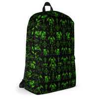 The Fifth Circle Green backpack featuring an all-over demon horror pattern from the Demonology collection.