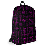 The Sixth Circle Pink backpack featuring an all-over demon and hellfire horror pattern from the Demonology collection.