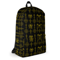 The Sixth Circle Yellow backpack featuring an all-over demon and hellfire horror pattern from the Demonology collection.