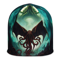 Cthulhu Ascendant beanie featuring a winged tentacled cosmic horror creature rising before a glowing moon.