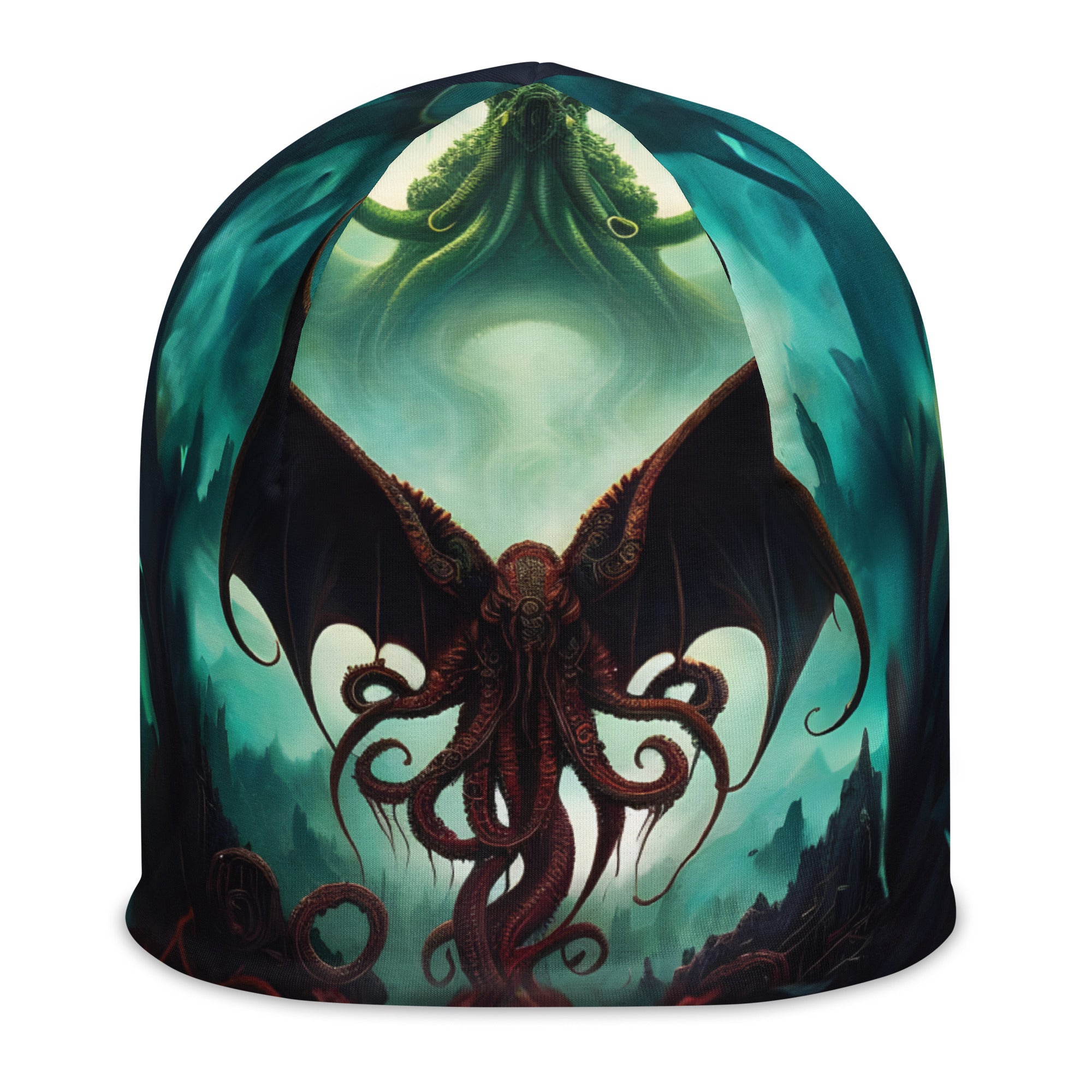 Cthulhu Ascendant beanie featuring a winged tentacled cosmic horror creature rising before a glowing moon.