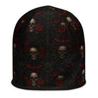 Crimson Mourning beanie featuring an all-over Victorian funeral flower pattern from the Funeral Garden collection.