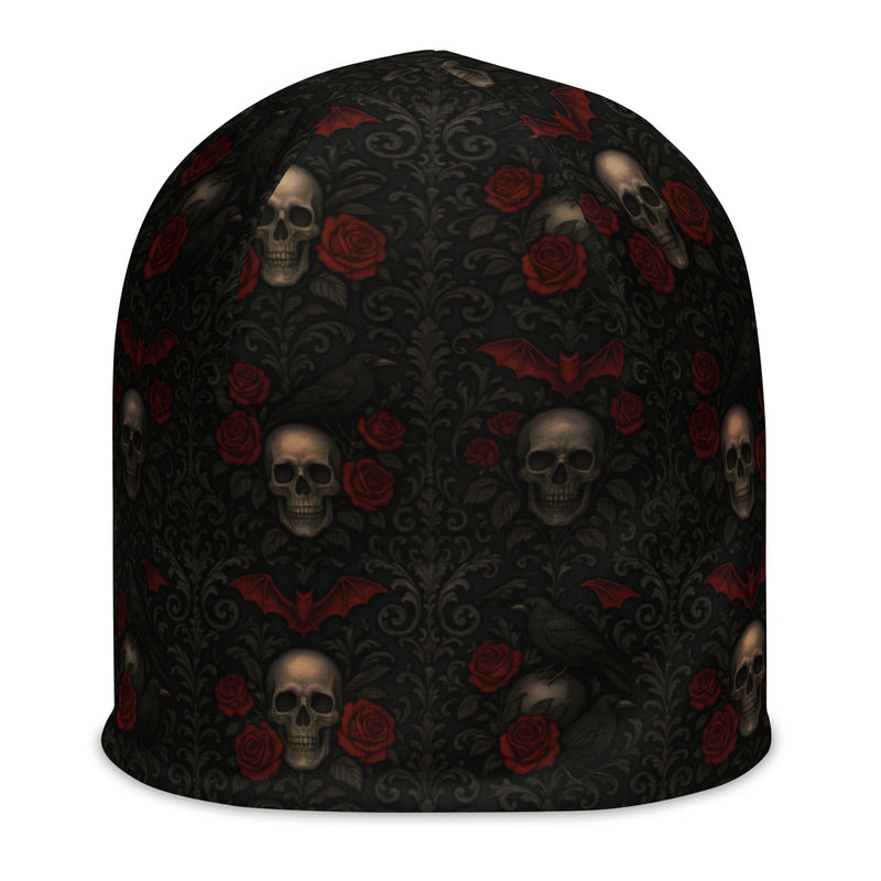 Crimson Mourning beanie featuring an all-over Victorian funeral flower pattern from the Funeral Garden collection.