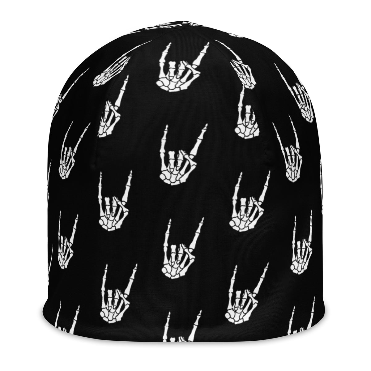 Raise the Devil beanie featuring an all-over skeleton hand and devil horns pattern from the Memento Mori collection.