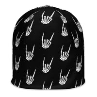 Raise the Devil beanie featuring an all-over skeleton hand and devil horns pattern from the Memento Mori collection.
