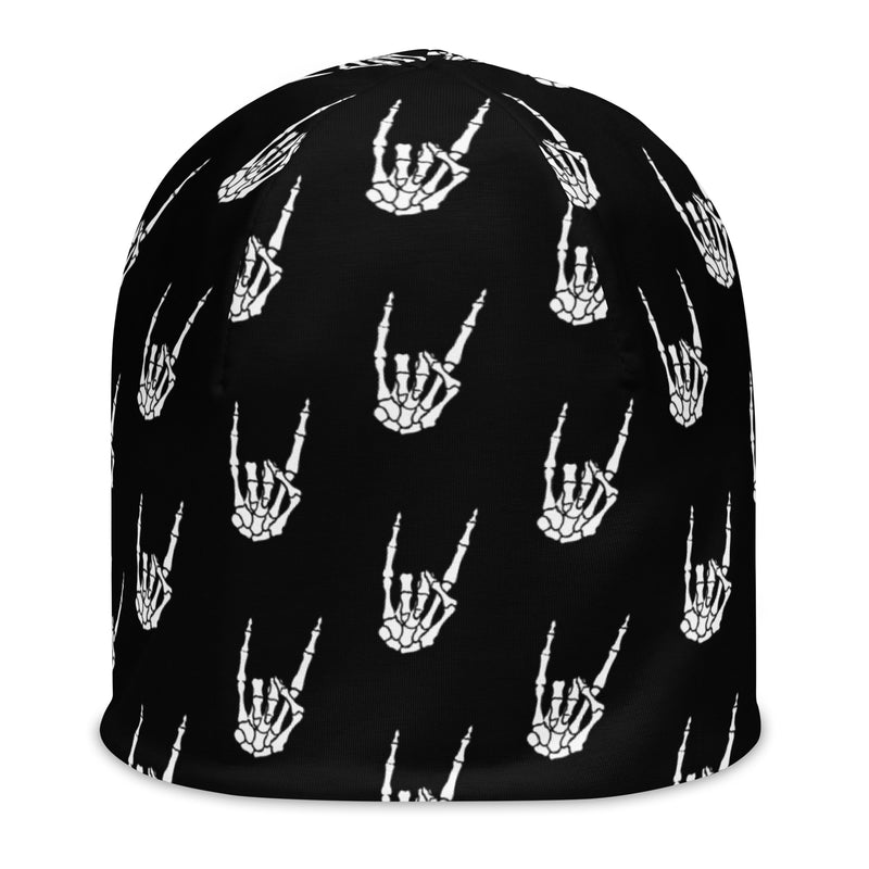 Raise the Devil beanie featuring an all-over skeleton hand and devil horns pattern from the Memento Mori collection.