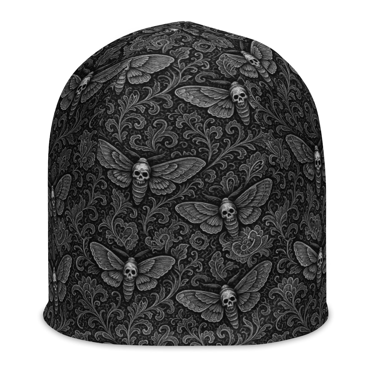 White Soul’s Messenger beanie featuring an all-over death moth pattern from the Children of the Night and Memento Mori collections.