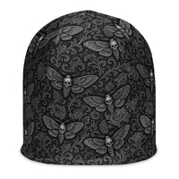 White Soul’s Messenger beanie featuring an all-over death moth pattern from the Children of the Night and Memento Mori collections.
