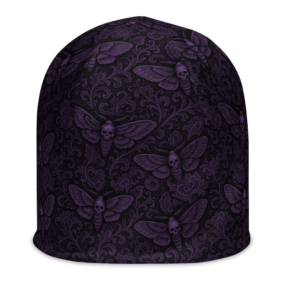 Purple Soul’s Messenger beanie featuring an all-over death moth pattern from the Children of the Night and Memento Mori collections.