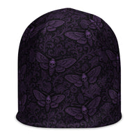 Purple Soul’s Messenger beanie featuring an all-over death moth pattern from the Children of the Night and Memento Mori collections.