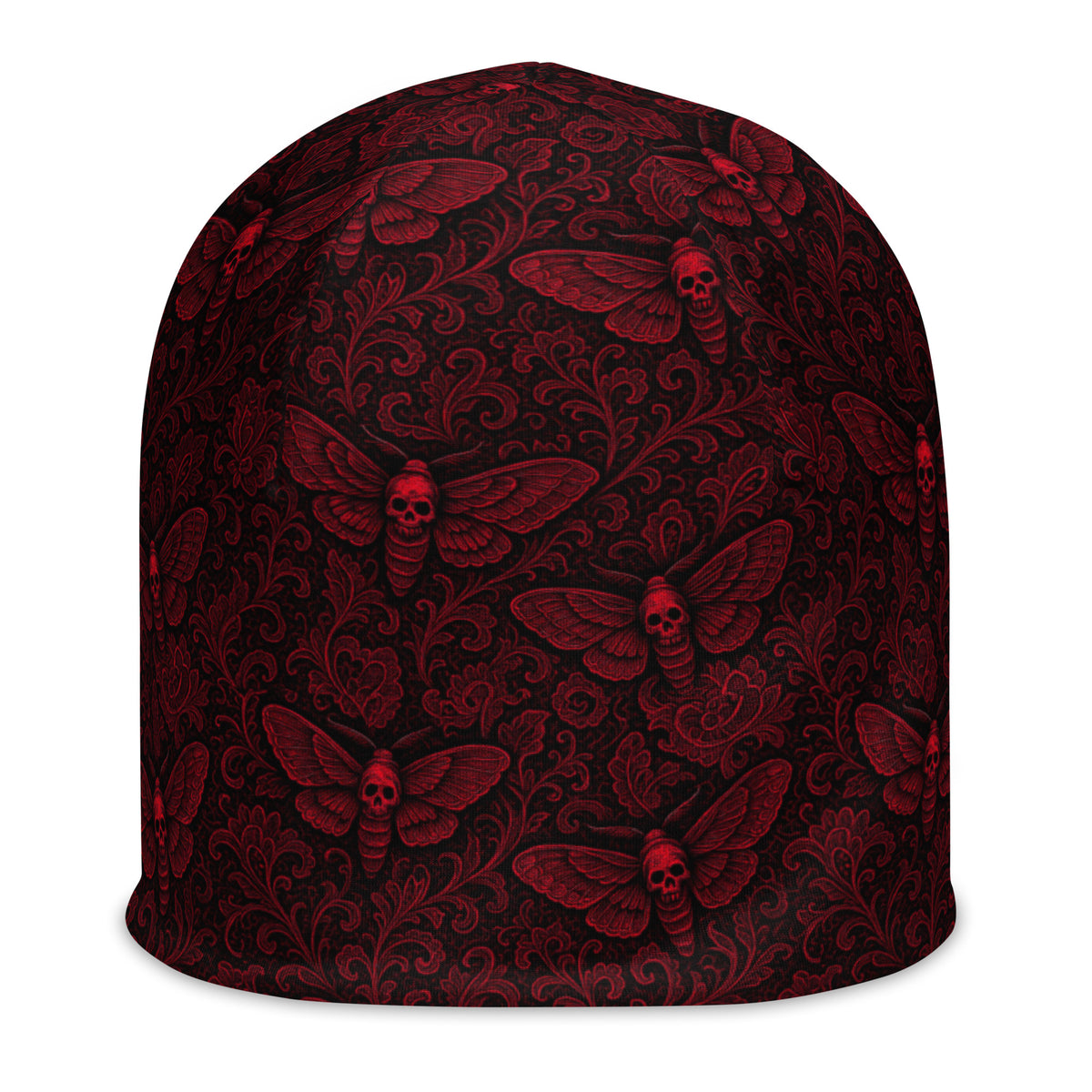 Red Soul’s Messenger beanie featuring an all-over death moth pattern from the Children of the Night and Memento Mori collections.