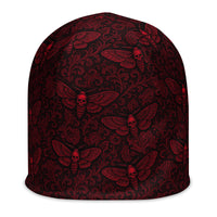Red Soul’s Messenger beanie featuring an all-over death moth pattern from the Children of the Night and Memento Mori collections.