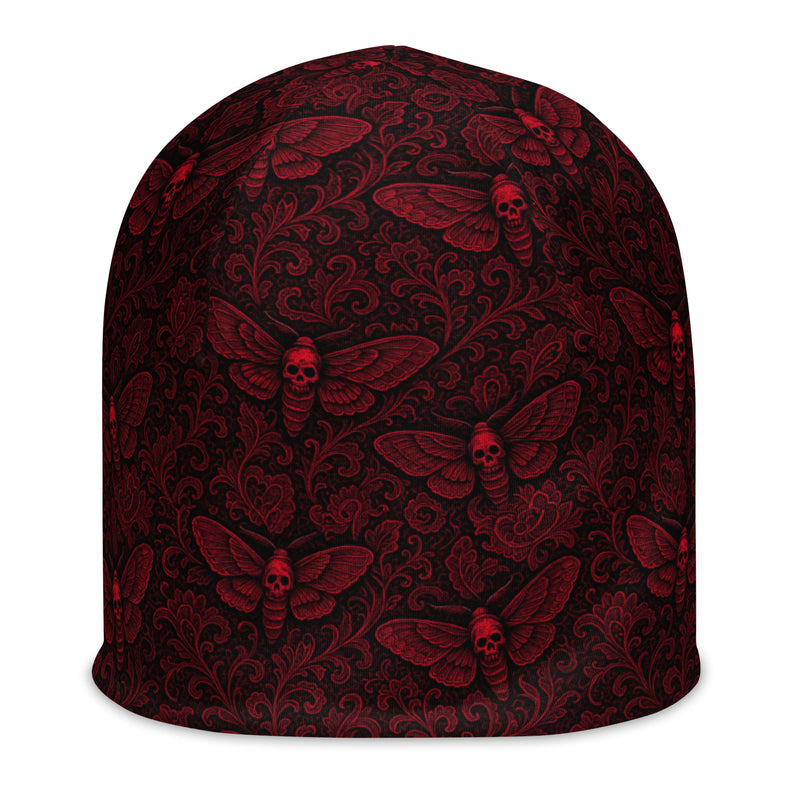 Red Soul’s Messenger beanie featuring an all-over death moth pattern from the Children of the Night and Memento Mori collections.