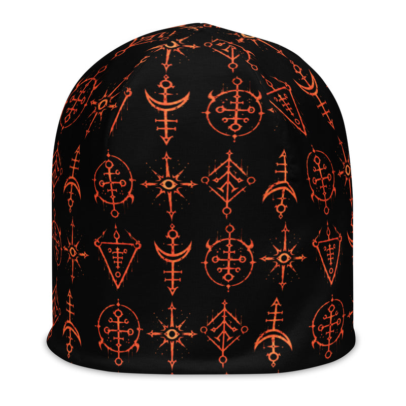 Infernal Invocation beanie featuring an all-over occult ritual pattern from the Demonology collection.