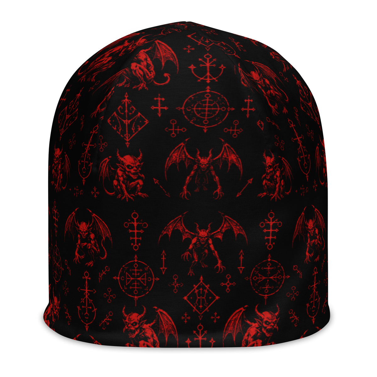 Red Fifth Circle beanie featuring an all-over demon bat pattern inspired by the infernal circle of wrath.