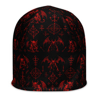 Red Fifth Circle beanie featuring an all-over demon bat pattern inspired by the infernal circle of wrath.