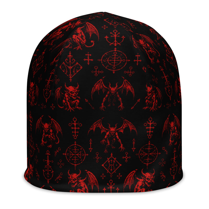 Red Fifth Circle beanie featuring an all-over demon bat pattern inspired by the infernal circle of wrath.