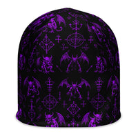 Purple Fifth Circle beanie featuring an all-over demon bat pattern inspired by the infernal circle of wrath.