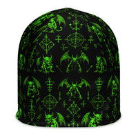 Green Fifth Circle beanie featuring an all-over demon bat pattern inspired by the infernal circle of wrath.