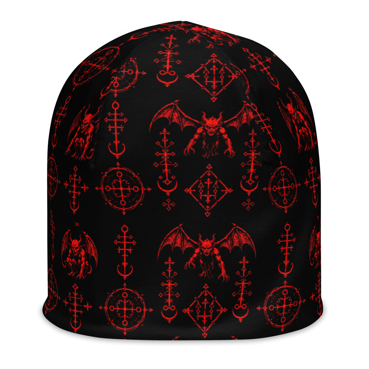 Red Sixth Circle beanie featuring an all-over hellspawn guardian pattern inspired by the burning tombs of Hell.