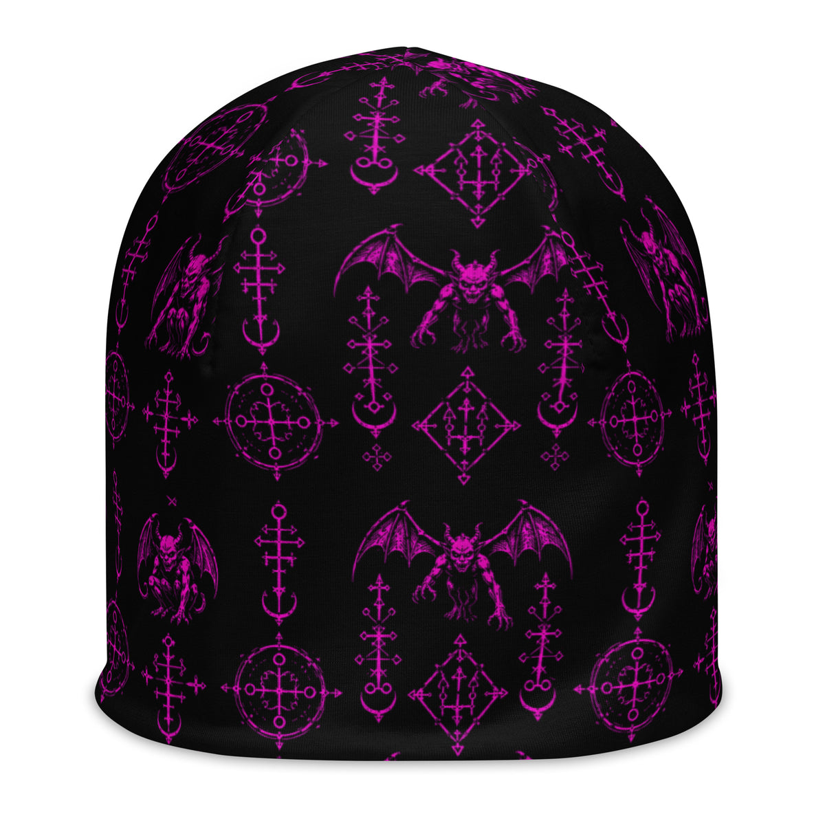 Pink Sixth Circle beanie featuring an all-over hellspawn guardian pattern inspired by the burning tombs of Hell.