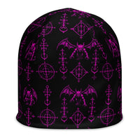 Pink Sixth Circle beanie featuring an all-over hellspawn guardian pattern inspired by the burning tombs of Hell.