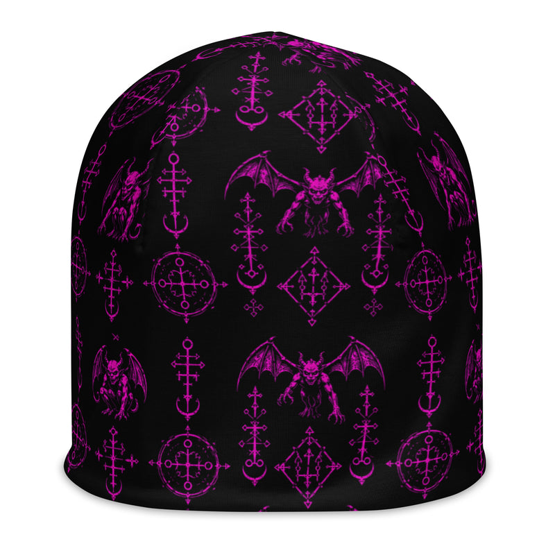 Pink Sixth Circle beanie featuring an all-over hellspawn guardian pattern inspired by the burning tombs of Hell.