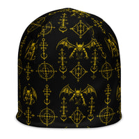 Yellow Sixth Circle beanie featuring an all-over hellspawn guardian pattern inspired by the burning tombs of Hell.