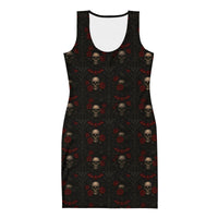 Crimson Mourning bodycon dress featuring an all-over Victorian funeral flower pattern from the Funeral Garden collection.